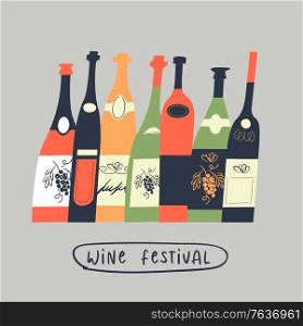 A set of different colored wine bottles. Vector illustration in a flat unique style. Wine festival.. A set of different wine bottles. Vector illustration.