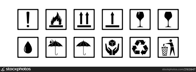 A set of different symbols used for packaging.