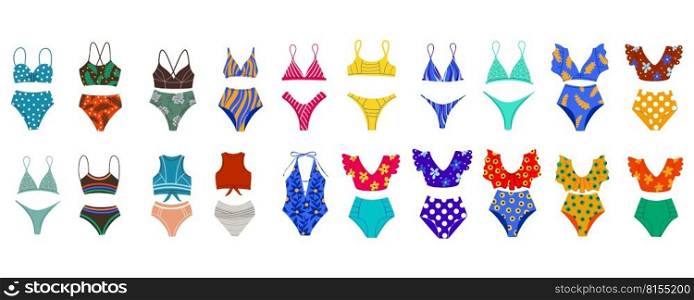 A set of different womens swimsuits. Beachwear. Two-piece swimsuits, retro-style swimsuits, sports. Vector Flat Illustration. A set of different famele swimsuits. Beachwear