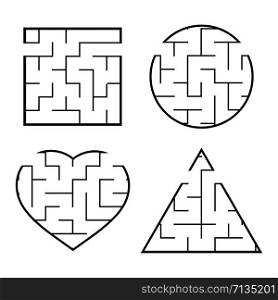 A set of easy mazes. Circle, square, triangle, heart. Game for kids. Puzzle for children. One entrances, one exit. Labyrinth conundrum. Flat vector illustration isolated on white background. A set of easy mazes. Circle, square, triangle, heart. Game for kids. Puzzle for children. One entrances, one exit. Labyrinth conundrum. Flat vector illustration isolated on white background.