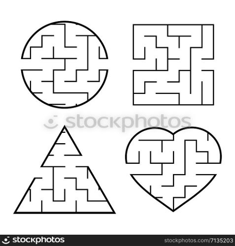 A set of easy mazes. Circle, square, triangle, heart. Game for kids. Puzzle for children. One entrances, one exit. Labyrinth conundrum. Flat vector illustration isolated on white background. A set of easy mazes. Circle, square, triangle, heart. Game for kids. Puzzle for children. One entrances, one exit. Labyrinth conundrum. Flat vector illustration isolated on white background.