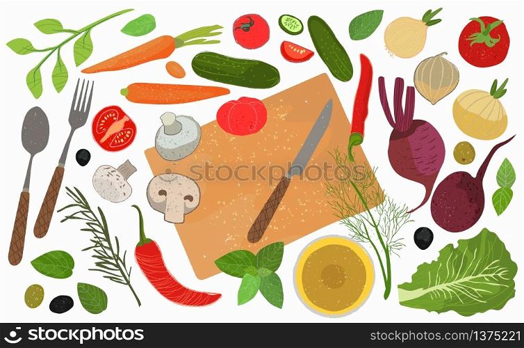 A set of elements for cooking. Vegetables whole and in pieces, Cutlery spoon, knife and fork, sunflower oil, herbs. Vector illustration. A set of elements for cooking. Vegetables whole and in pieces, Cutlery spoon, knife and fork, sunflower oil, herbs. Vector illustration .