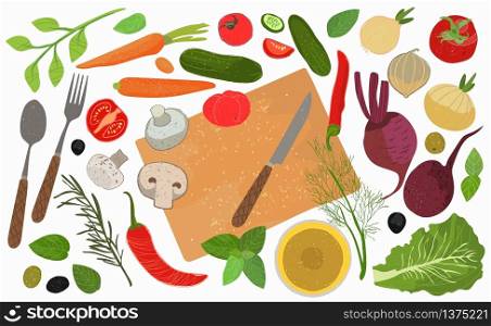 A set of elements for cooking. Vegetables whole and in pieces, Cutlery spoon, knife and fork, sunflower oil, herbs. Vector illustration. A set of elements for cooking. Vegetables whole and in pieces, Cutlery spoon, knife and fork, sunflower oil, herbs. Vector illustration .