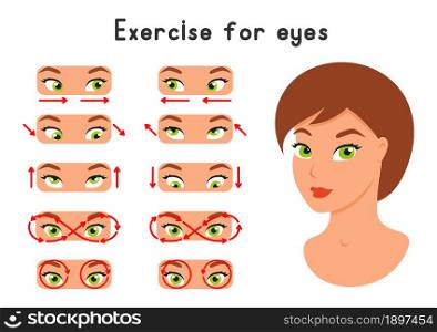 A set of exercises for the eyes. For better vision, relaxation, stretching, focus, training the eye muscles. Cartoon style. Color vector illustration isolated on white background.