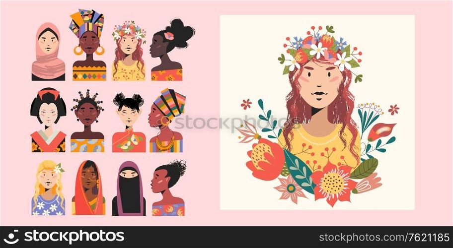 A set of female portraits of women of different Nations. Portrait of a Slavic girl with flowers. Vector illustration.. A set of female portraits of women of different Nations. Vector illustration.