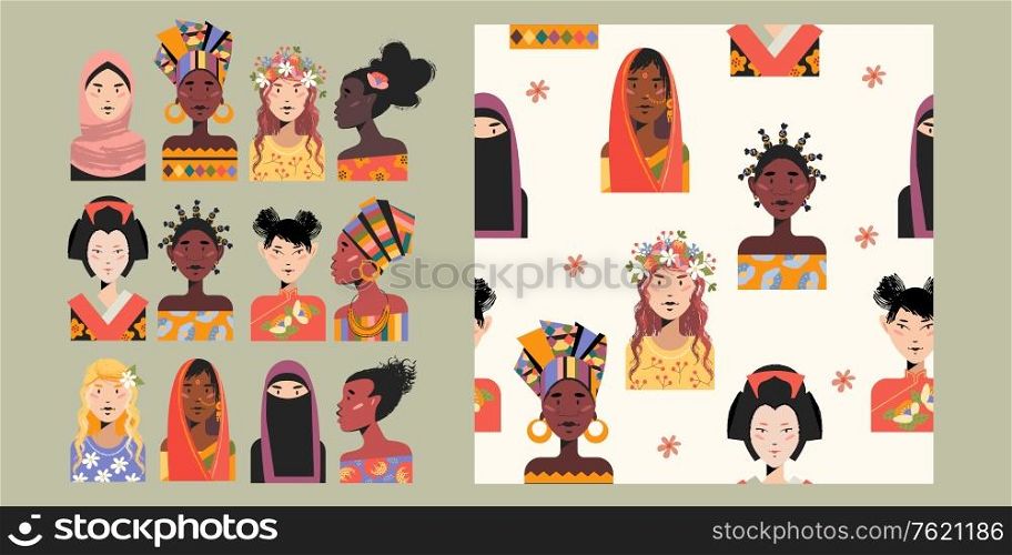 A set of female portraits of women of different Nations. Seamless pattern with women of different skin colors, different nationalities, faiths. Vector illustration. . A set of female portraits of women of different Nations. Seamless pattern. Vector illustration.