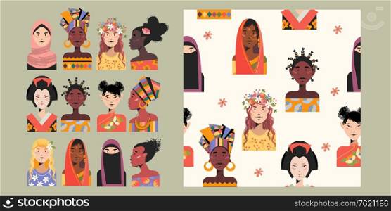 A set of female portraits of women of different Nations. Seamless pattern with women of different skin colors, different nationalities, faiths. Vector illustration. . A set of female portraits of women of different Nations. Seamless pattern. Vector illustration.
