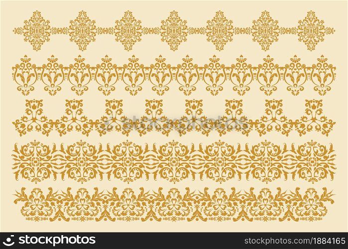 A set of five decorative borders. Damascus frames in old style. Vector design element. Computer graphics.. A set of five decorative borders. Damascus frames