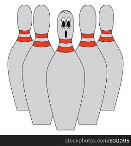 A set of five grey-colored bowling pins with one pin at the center being dismayed All the pins with red dual stripes around the neck vector color drawing or illustration