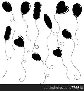 A set of flat black isolated silhouettes of balloons of different shapes on white . Simple flat vector illustration. Suitable for design, advertising, holidays, cards.