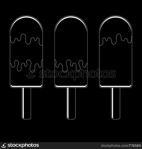A set of flat black isolated silhouettes of ice-cream drizzled with glaze. On wooden sticks. On a transparent background. Drawing with a white stroke