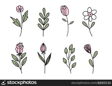 A set of flat icons with the image of spring flowers highlighted on a white background. Vector illustration. A set of flat icons with the image of spring flowers highlighted on a white background. Vector illustration.