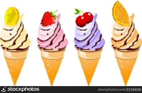 A set of four delicious fruit flavored ice cream cones