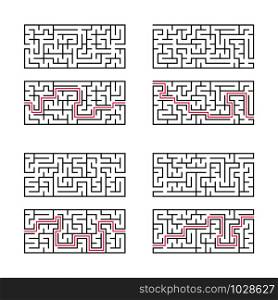 A set of four rectangular labyrinths. A game for children. Simple flat vector illustration isolated on white background. With the answer. A set of four rectangular labyrinths. A game for children. Simple flat vector illustration isolated on white background. With the answer.