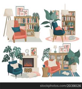 A set of four Scandinavian-style living room interiors. The boho palette. Modern cozy interiors in boho style. Vector.
