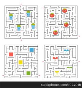 A set of four square labyrinths. Collect all the items and find a way out of the maze. An interesting game for children. Simple flat vector illustration. A set of four square labyrinths. Collect all the items and find a way out of the maze. An interesting game for children. Simple flat vector illustration.