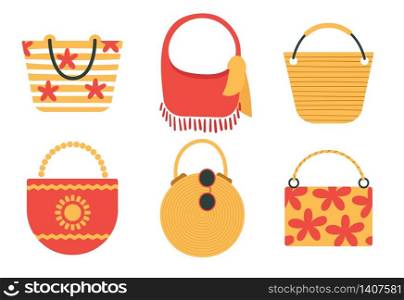 A set of fun beach bags .Accessories for a summer seaside vacation.Fashion and beauty.Flat vector illustration isolated on white background