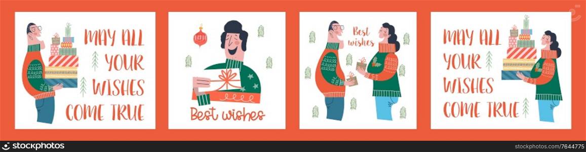 A set of fun vector greeting Christmas and new Year illustrations in cartoon style on a white background. Funny people, ugly Christmas sweaters, gifts.. A set of fun vector greeting Christmas and new Year illustrations.
