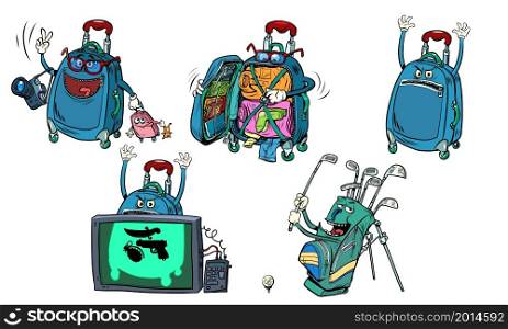 A set of funny character bags. Travel and sports, recreation and weekends. Comic cartoon Illustration hand drawing. A set of funny character bags. Travel and sports, recreation and weekends