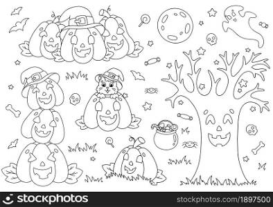 A set of funny pumpkins, tree, moon, cat. Coloring book page for kids. Halloween theme. Cartoon style character. Vector illustration isolated on white background.