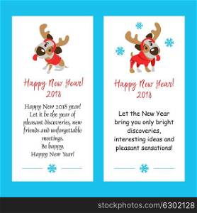 A set of greeting cards. Funny dog Jack Russell Terrier in reindeer costume. Vector illustration. Isolated on a white background.
