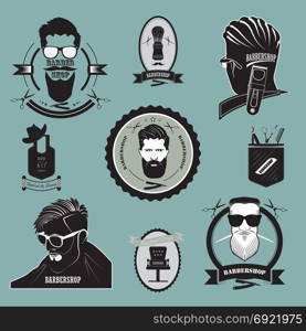 A set of hairdressing logos. A set of logos associated with hairdressing activities. A set of hairdressing tools and men&rsquo;s silhouettes with hairstyles.