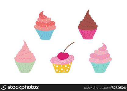 A set of hand-drawn cupcakes on a white background with different creams and packaging. for cards, illustrations, banners, flyers, invitations. vector illustration.