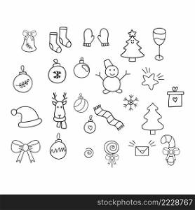 A set of hand-drawn Doodle drawings on the theme of New year and Christmas.  Vector contour elements for decorating greeting cards, invitations, and packaging.
