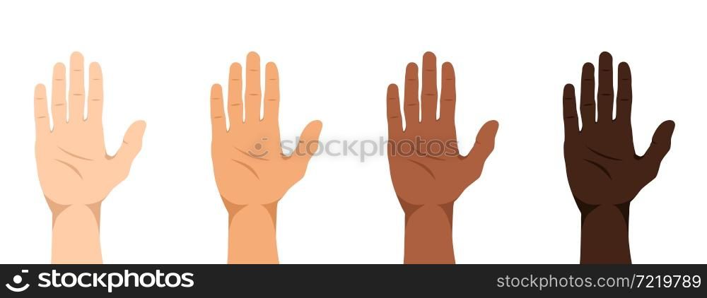 A set of hands of people of different nationalities and races: Europeans, Asians, Caucasians, African Americans, etc. Hands of different skin colors. Flat style. Vector illustration