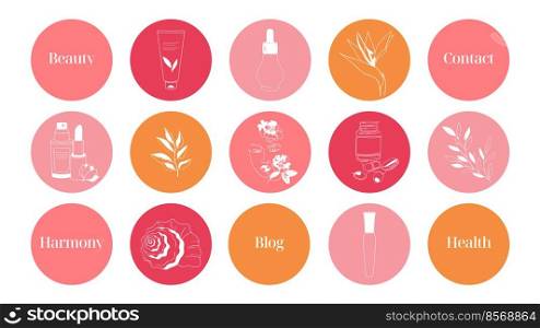 A set of highlights bright simple pink and orange icons for a blog about cosmetics, medicine and mental health.