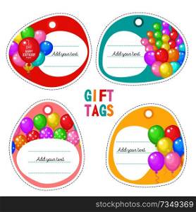A set of holiday tags. Brightly colored balloons. There is a place for text. Vector illustration isolated on white background.