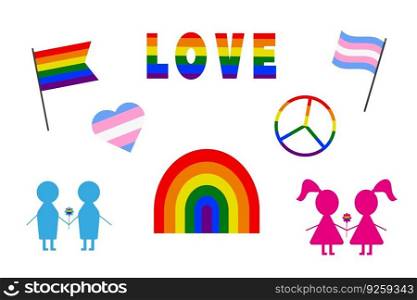 A set of icons for the International Day of LGBT Pride. International Day Against Homophobia Transphobia. Illustrations for LGBT pride month. Rainbow flags, hearts, Homosexual love. Vector.