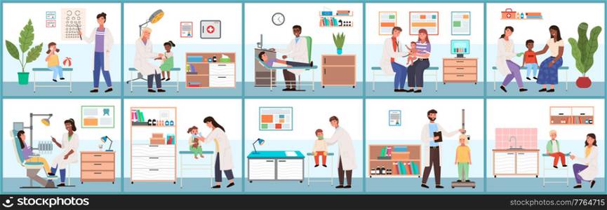 A set of illustrations about provision of medical services. Doctor working with patients in the hospital. Treatment and diagnosis of diseases concept. Therapist examines the health status of babies. Set of illustrations about provision of medical services. Doctor working with patients in hospital