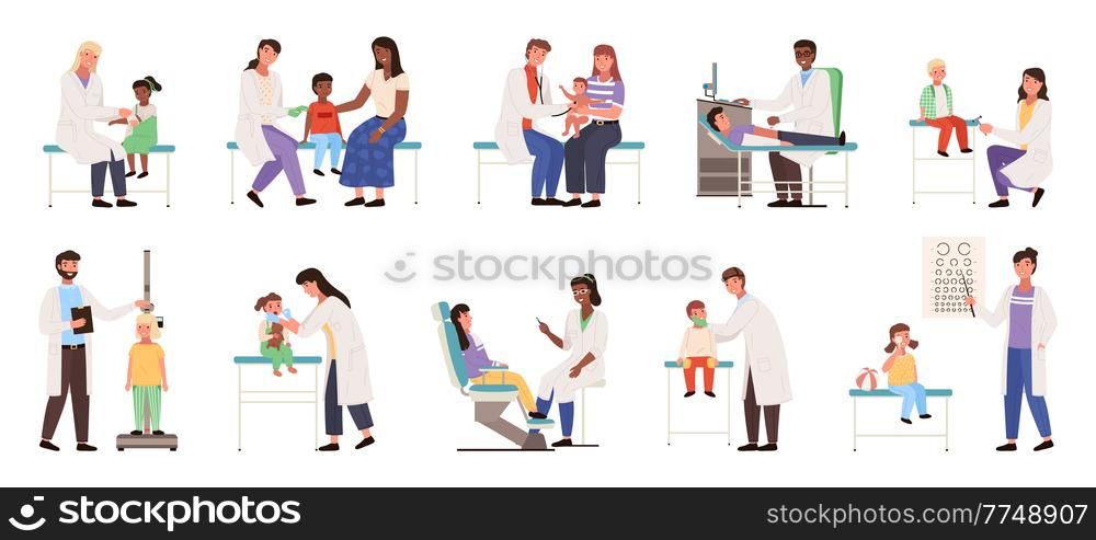 A set of illustrations on the topic children with parents at the appointment. Kids in the hospital. The pediatrician examines and analyzes the health status of patients. Physician helps treat people. A set of illustrations on the topic of children with parents at appointment. Kids in the hospital