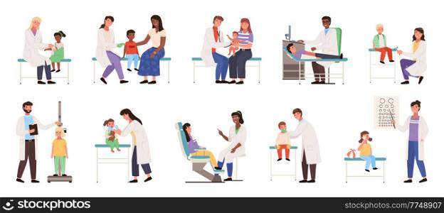 A set of illustrations on the topic children with parents at the appointment. Kids in the hospital. The pediatrician examines and analyzes the health status of patients. Physician helps treat people. A set of illustrations on the topic of children with parents at appointment. Kids in the hospital