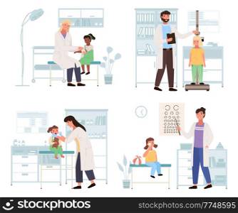 A set of illustrations on the topic of work with small patients in hospital. Children visiting the pediatrician. Doctor checks the eyes, throat and height of children. Orthopedist treats a girl. Set of illustrations about work with small patients in hospital. Children visiting the pediatrician