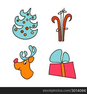 A set of images for the Christmas and New Year. Holiday objects collection. Christmas theme with ski, fir, deer, gift, Christmas-tree, present. Set of Christmas icons. Can be used as icons, wallpaper, wrapping paper decoration