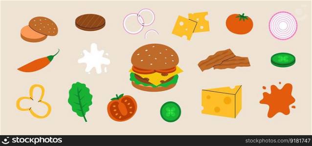 A set of ingredients for a burger. Vegetables, bun, patty, sauce. Flat vector illustration isolated on white background.
