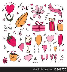 A set of isolated illustrations for Valentine s Day. Heart, gift, love, balloons, flowers, strawberries.