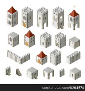 A set of isometric medieval buildings on a white background