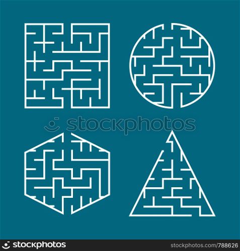 A set of labyrinths for children. A square, a circle, a hexagon, a triangle. A simple flat vector illustration isolated on a blue background. A set of labyrinths for children. A square, a circle, a hexagon, a triangle. A simple flat vector illustration isolated on a blue background.