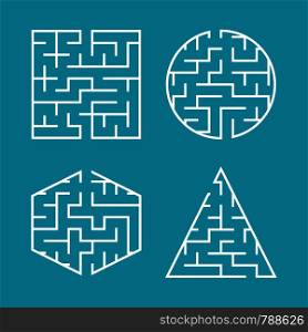 A set of labyrinths for children. A square, a circle, a hexagon, a triangle. A simple flat vector illustration isolated on a blue background. A set of labyrinths for children. A square, a circle, a hexagon, a triangle. A simple flat vector illustration isolated on a blue background.