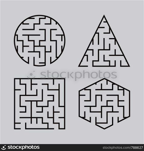 A set of labyrinths for children. A square, a circle, a hexagon, a triangle. A simple flat vector illustration isolated on a gray background. A set of labyrinths for children. A square, a circle, a hexagon, a triangle. A simple flat vector illustration isolated on a gray background.