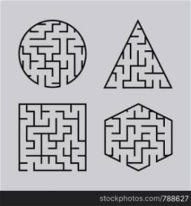 A set of labyrinths for children. A square, a circle, a hexagon, a triangle. A simple flat vector illustration isolated on a gray background. A set of labyrinths for children. A square, a circle, a hexagon, a triangle. A simple flat vector illustration isolated on a gray background.