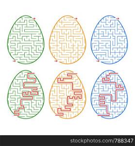 A set of labyrinths in the form of eggs. A stroke of different colors. A game for children. With the answer. Simple flat vector illustration isolated on white background.