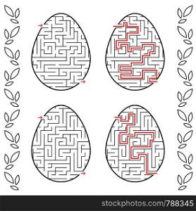 A set of labyrinths in the form of eggs. Black Stroke. A game for children. With the answer. Simple flat vector illustration isolated on white background.