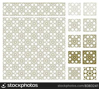 A set of large patterns, borders, small patterns, frames with lines of different thicknesses. An ornament of figures. Arabic geometric style.For fabric,textile,cover,background,lasercutting. Seamless arabic geometric ornament in brown color.