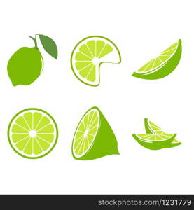 A set of lime and lime slices on a white background