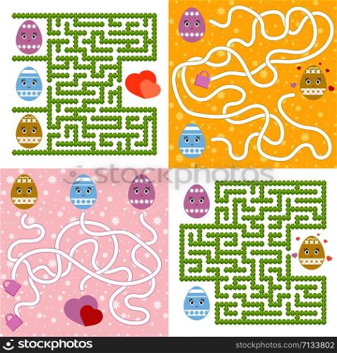 A set of mazes. Cartoon style. Visual worksheets. Activity page. Game for kids. Puzzle for children. Maze conundrum. Color vector illustration. A set of mazes. Cartoon style. Visual worksheets. Activity page. Game for kids. Puzzle for children. Maze conundrum. Color vector illustration.