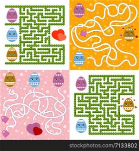 A set of mazes. Cartoon style. Visual worksheets. Activity page. Game for kids. Puzzle for children. Maze conundrum. Color vector illustration. A set of mazes. Cartoon style. Visual worksheets. Activity page. Game for kids. Puzzle for children. Maze conundrum. Color vector illustration.